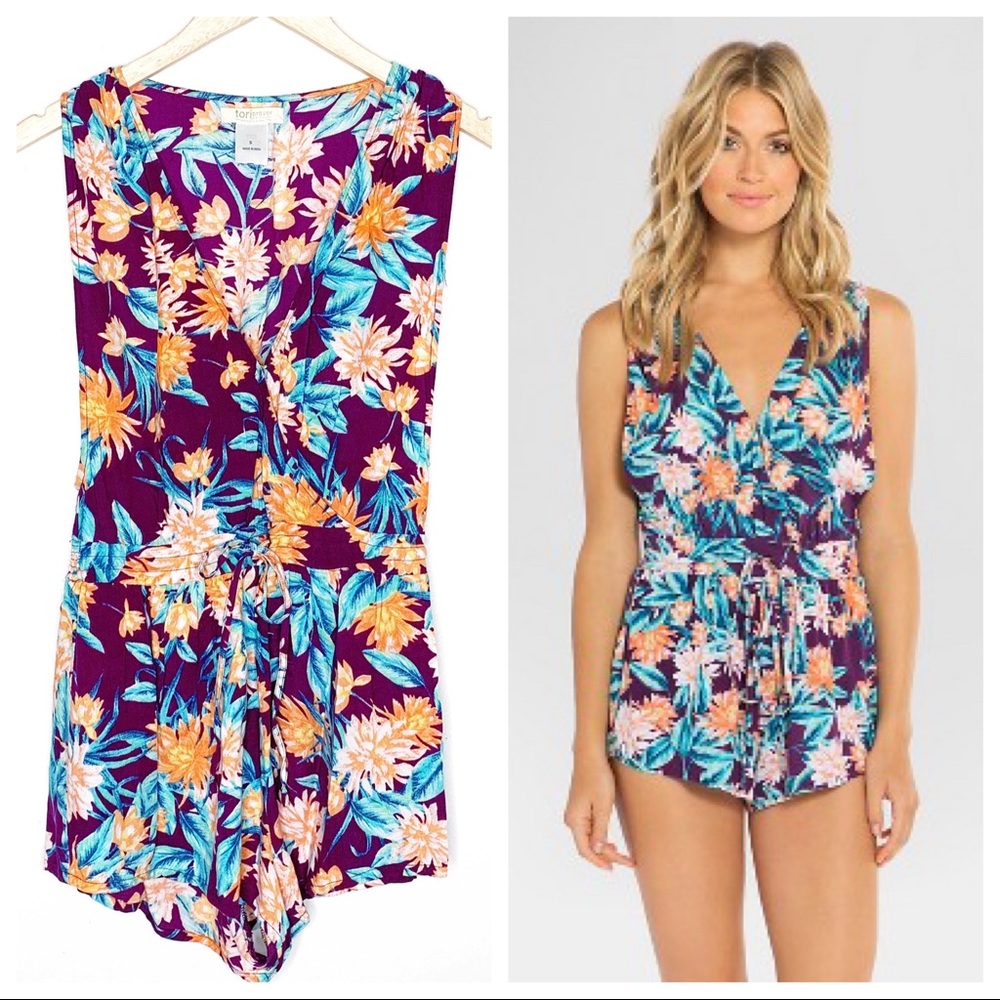 TORY PRAVER Swimwear Purple Tropical Print Romper